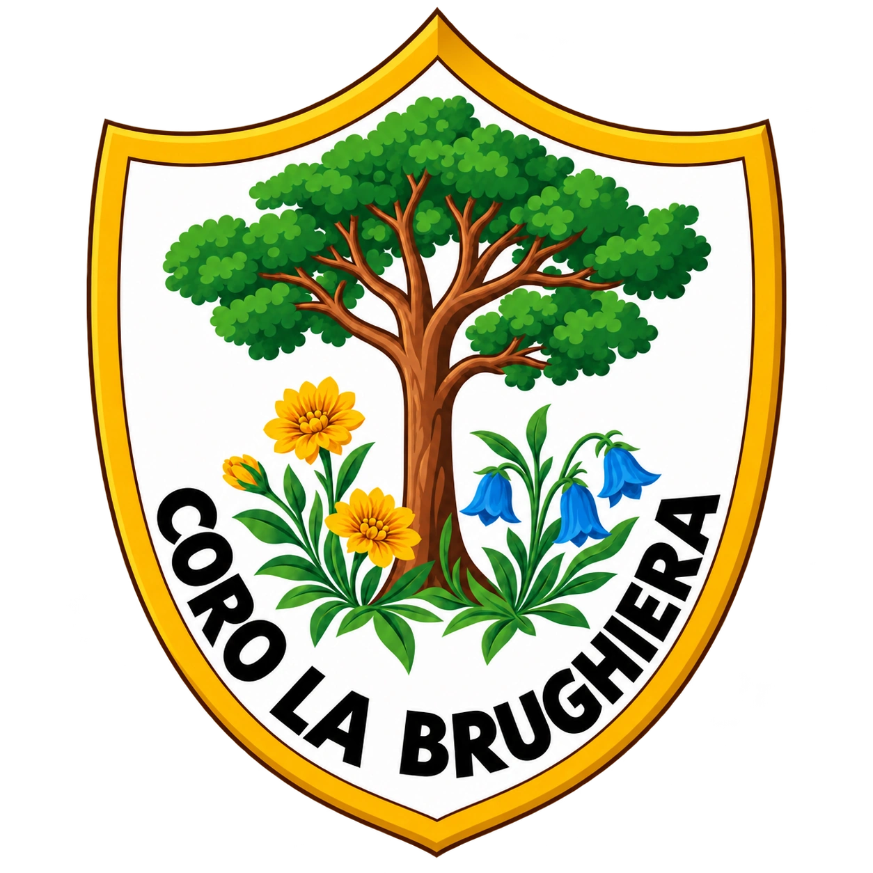 Stemma del Coro La Brughiera: albero, fiori gialli e blu, bordo dorato e nome del coro